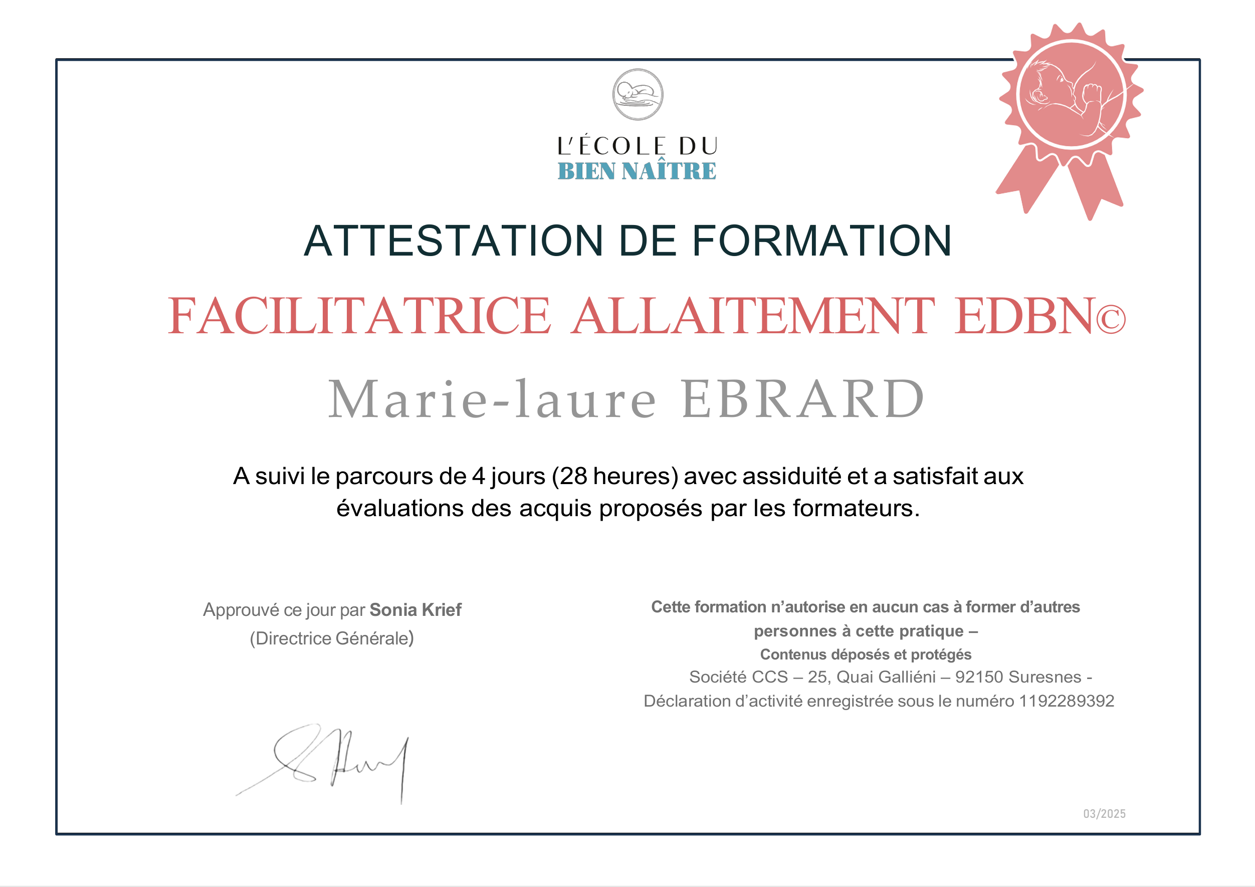 Attestation Facilitatrice Allaitement EDBN — École du Bien Naître — Marie-Laure Ebrard