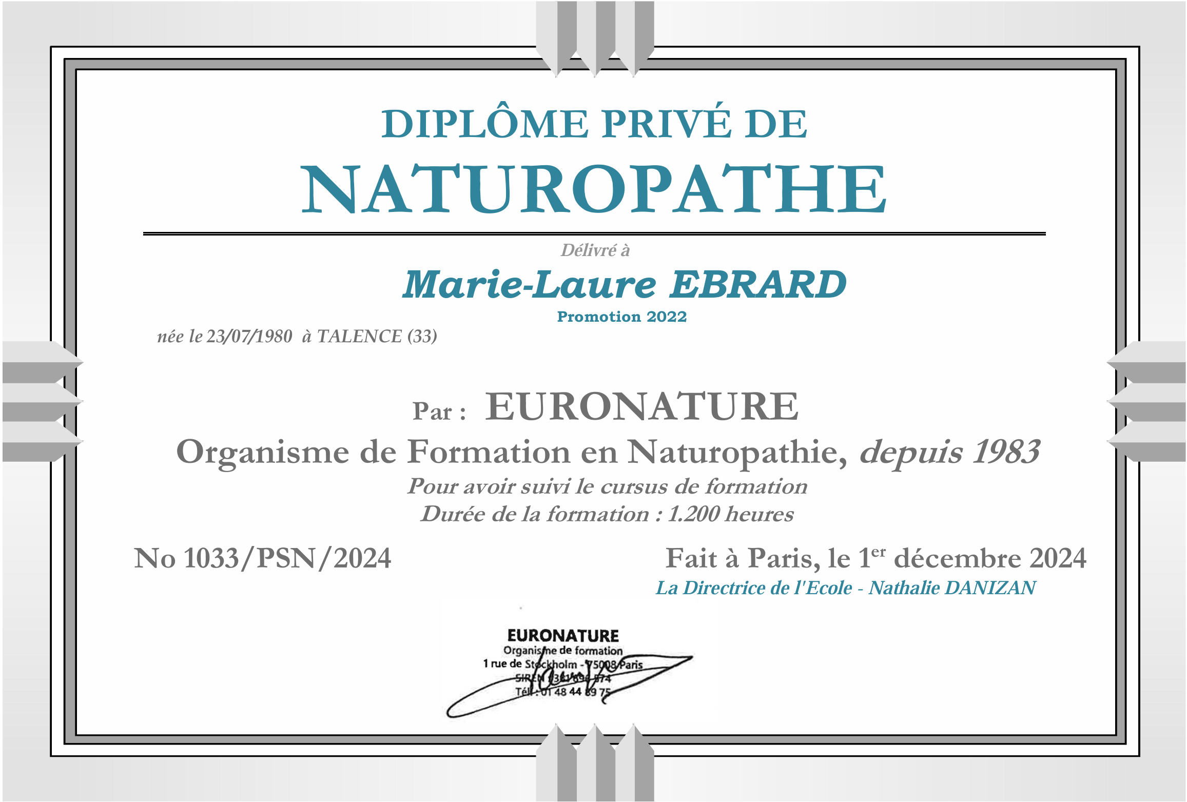 Diplôme privé de Naturopathe — Euronature/FENA — Marie-Laure Ebrard